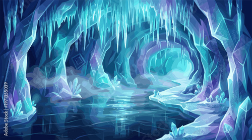 Mystical ice cave illustration with glowing crystals, sharp icicles, and a calm underground river. A magical, cold fantasy landscape perfect for game backgrounds or book covers.