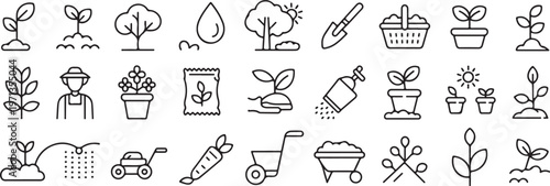 gardening icons line art seedling tools plant care symbols pack
