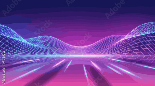 Futuristic 80s retro background with a neon grid landscape over a reflective road. Ideal for technology, gaming, or metaverse themes. Vibrant purple and blue abstract vector.