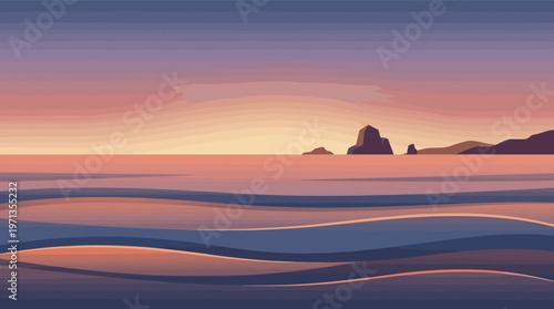 A serene minimalist vector illustration of a seascape at sunset. Calm waves and distant cliffs under a gradient sky. Perfect for backgrounds, travel, or wellness themes.