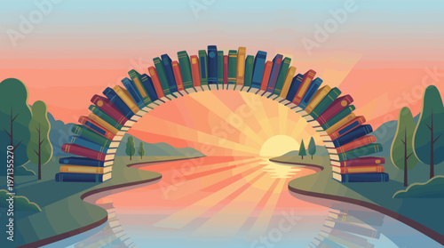 Vibrant illustration of books forming a bridge over a river at sunrise. Metaphor for education, knowledge, and imagination. Ideal for literary or learning concepts.