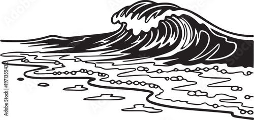 Ocean wave crashing on shore beach coast vector line art illustration.