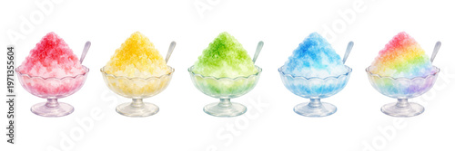A charming watercolor collection of Japanese shaved ice desserts featuring colorful kakigori bowls with vibrant syrup flavors illustrated in a delicate food illustration style.