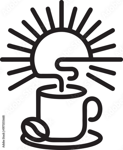 Morning coffee cup with rising sun steam icon breakfast beverage art.