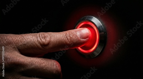 Red Button of Activation: A finger poised above a glowing red button, symbolizing a pivotal moment of action, decision, or the dawn of a new era. A picture of anticipation and action.