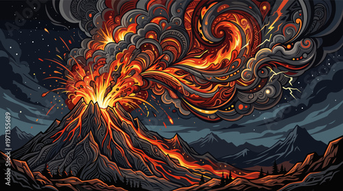 A powerful, stylized illustration of a volcanic eruption at night. Ornate swirls of fire, smoke, and lava create an epic, dynamic scene perfect for fantasy or mythic themes.