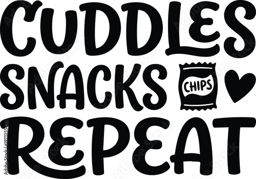 Cuddles snacks repeat phrase with chips bag and heart icon black and white vector art