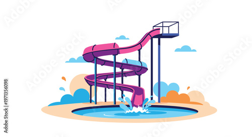Colorful purple and pink water slide curves down into a bright blue swimming pool at a summer amusement park.