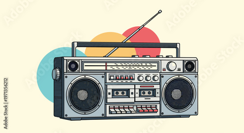 Retro style cassette boombox radio with dual speakers and antenna shown against a colorful geometric background with circular shapes.
