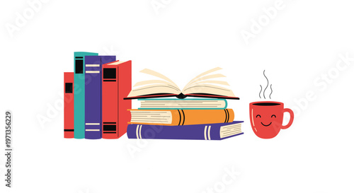 Stack of colorful hardcover books sits next to a cheerful red coffee mug with a smiling face for cozy reading vibes.