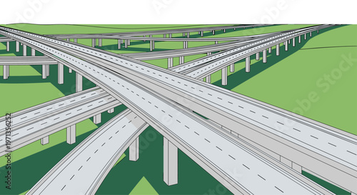Complex highway interchange and overpass system rendered in a clean architectural 3d style showing multiple levels of roads and grass.