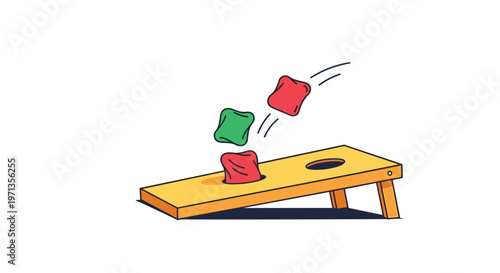 Fun outdoor cornhole game illustration showing colorful bean bags being tossed towards a wooden board for a backyard activity or event.