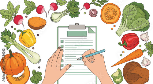 Person is filling out a healthy eating meal plan on a clipboard surrounded by various fresh and colorful autumn vegetables.