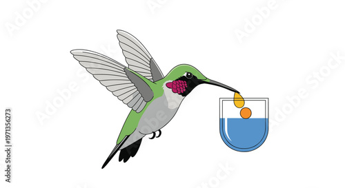 Small green hummingbird is caught in flight as it drinks nectar from a simple blue glass feeder in a clean design.
