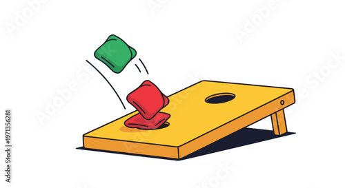 Backyard cornhole game set with a wooden ramp and colorful bean bags in motion during a toss for social leisure and summer fun events.