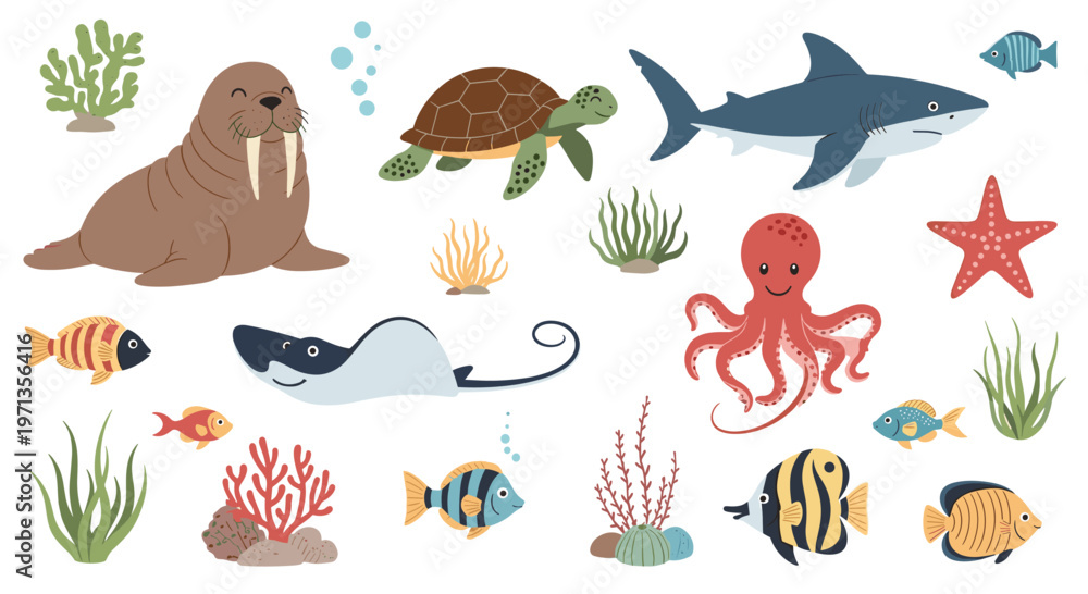 Obraz premium Set of cute underwater creatures including a shark walrus octopus and colorful fish with coral reefs for marine life education.