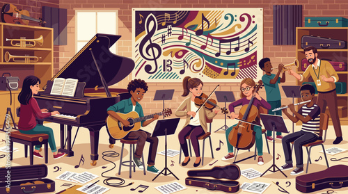 Vibrant illustration of a diverse music class with a teacher. Students play various instruments, learning together. Ideal for educational and community concepts.