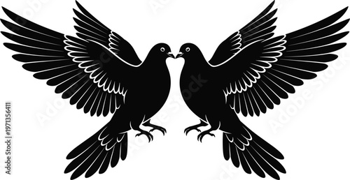 Detailed black and white vector illustration of two graceful pigeons or doves flying with open wings in a symmetrical pose representing peace and love.