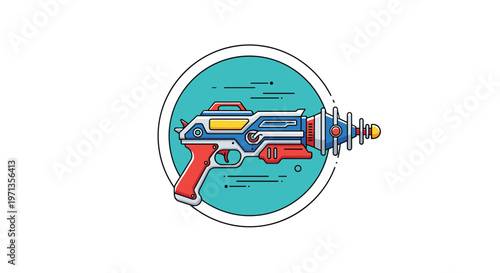Retro futuristic space blaster ray gun in a circular frame with a blue background and cosmic details for science fiction themes.
