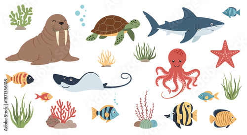 Set of cute underwater creatures including a shark walrus octopus and colorful fish with coral reefs for marine life education.