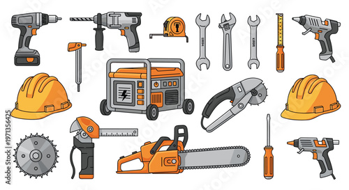 Professional construction and power tools collection including drills saws generator and hard hats for industrial work projects.