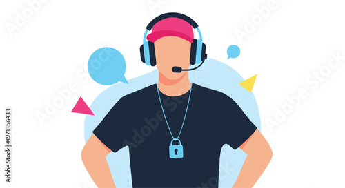 Sport coach avatar with a headset and whistle on a decorated background with speech bubbles for training and gaming concepts.
