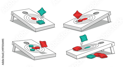 Collection of cornhole game boards with red and teal bean bags being tossed towards the target holes on white background.