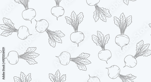 Minimalist seamless background pattern featuring hand drawn sketch style radishes with leafy greens on a plain surface.