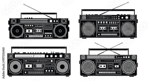 Set of black and white silhouettes depicting vintage boombox portable music players with speakers and cassette decks.