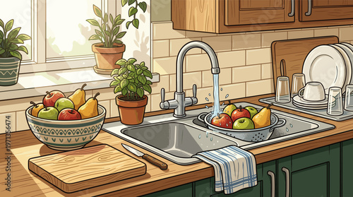 A charming illustration of a sunlit kitchen. Fresh apples and pears are being washed in the sink. Perfect for content on healthy eating, cooking, home life, and domestic bliss.