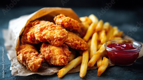 Fried chicken tenders french fries and ketchup