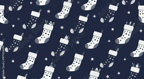 Festive holiday pattern with illustrated white christmas stockings and silver stars on a dark navy blue background.