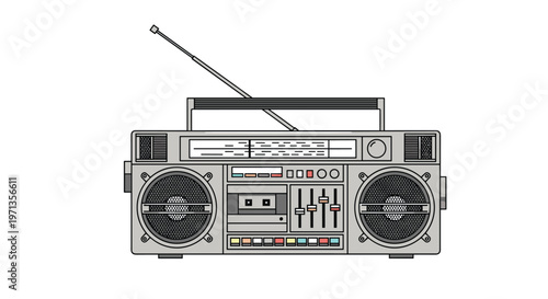 Retro silver boombox portable music player with a cassette tape deck, large speakers, and a long radio antenna on a white background.