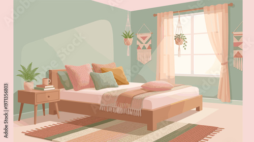 Cozy boho bedroom interior illustration. A peaceful scene with soft light from a window, plants, and macrame decor. Perfect for home, lifestyle, or wellness concepts.