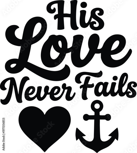 Black and white calligraphic love phrase with heart and anchor icons