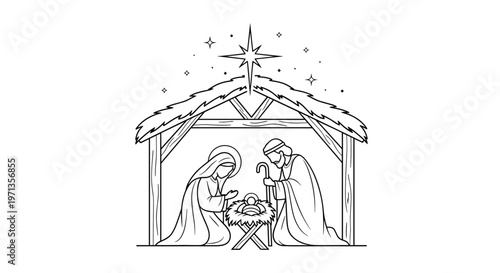 Simple black and white line art depicting the nativity scene with mary, joseph, and baby jesus in a stable under a star.