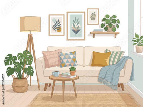 Cozy living room illustration in a modern hygge style. A comfortable sofa, houseplants, and warm decor create a peaceful scene. Ideal for lifestyle or interior design concepts.