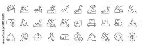 Factory icon set. It includes industry, business, industrial, distribution and more icons. Editable Vector Stroke.