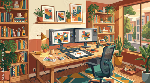 A warm, sunlit illustration of a digital artist's creative workspace. Features a dual monitor setup, houseplants, and a cat. Ideal for blogs on remote work or design.