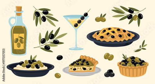 Collection of olive based food items including oil, healthy salads, pies, appetizers, and fresh olives on branches.