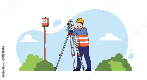 Construction surveyor in a safety vest and hard hat using a total station on a tripod in an open field with bushes and clouds.