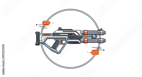Futuristic sci-fi assault rifle weapon with advanced technology details and orange accents in a circular frame.