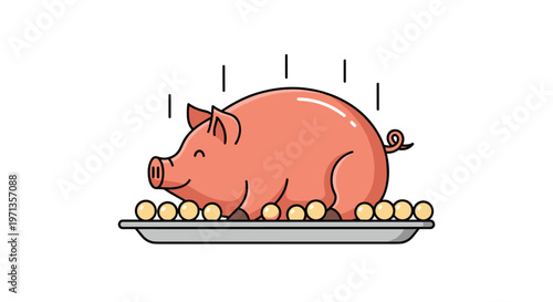 Cute illustration of a roasted pig served on a silver platter surrounded by round potatoes or apples on a white background.