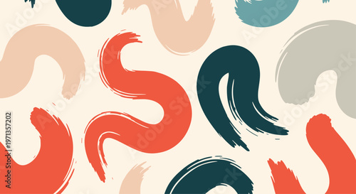 Artistic seamless pattern featuring bold abstract brush strokes in red teal and beige colors for modern textile or wallpaper designs.