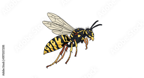 Detailed illustration of a yellow and black wasp in flight shows its wings and stinger on a clean white background.