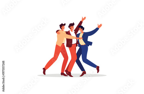 Group of happy friends celebrating achievement, young men jumping and dancing together, positive teamwork spirit, modern flat style vector illustration