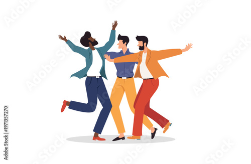 Cheerful male friends celebrating victory, energetic group dance pose, unity and friendship concept, colorful flat vector illustration for lifestyle and social themes