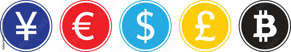 Fototapeta premium Set of Global Currency Symbols: Yen, Euro, Dollar, Pound, Bitcoin in Colorful Circles for Finance, Cryptocurrency, and Trading Concepts