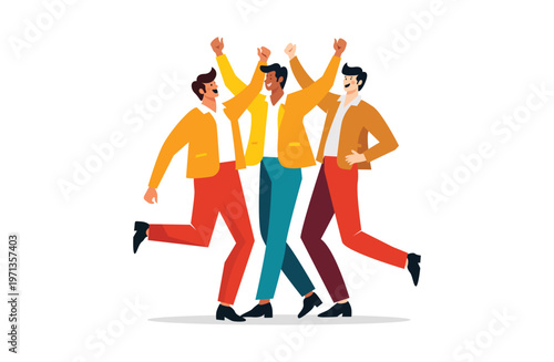 Happy young men celebrating success together, cheerful friends dancing with raised hands, teamwork, friendship, unity concept flat vector illustration