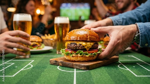 Burger on Football Field Table